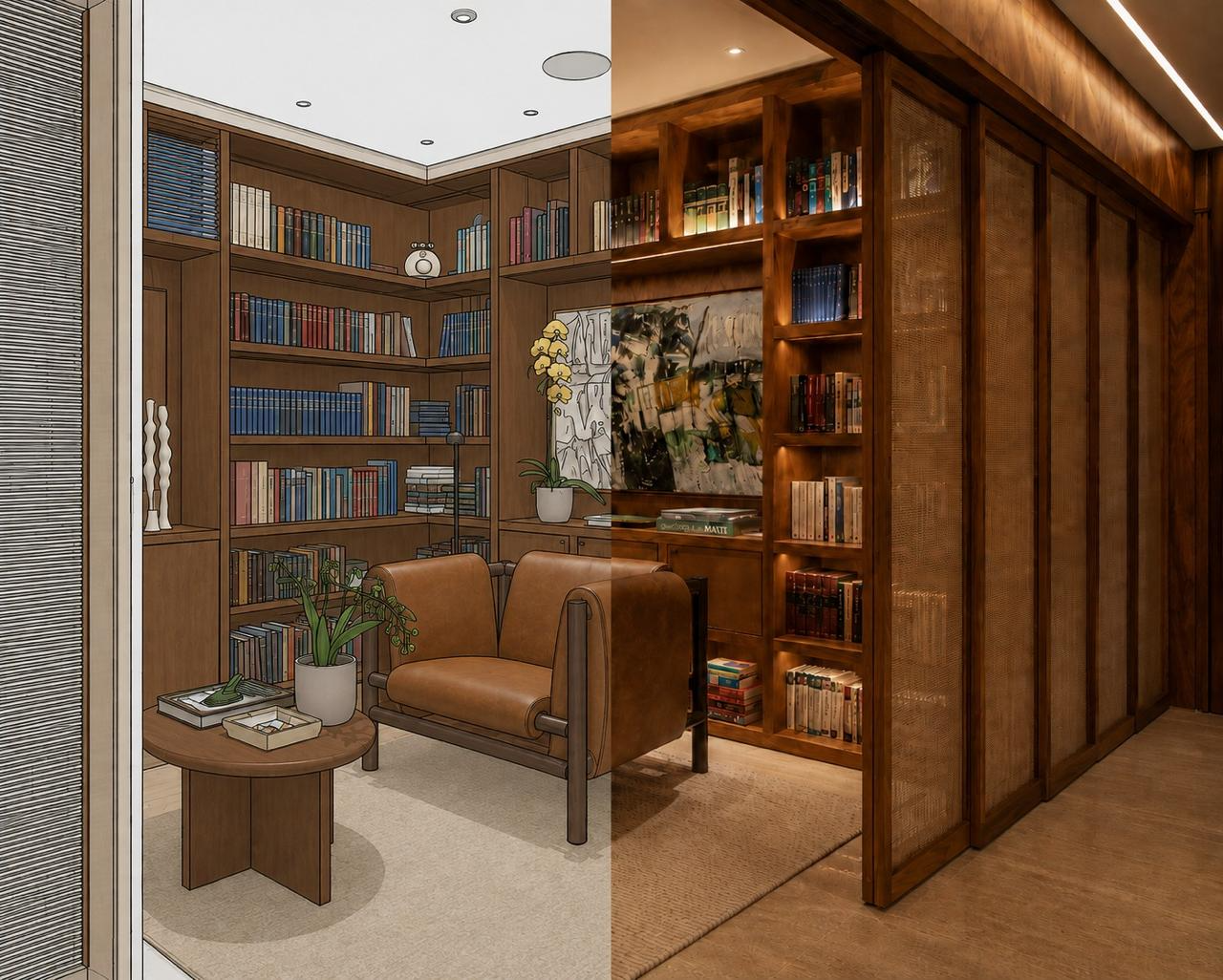 Biblioteca particular comparada entre modelo BIM e render final