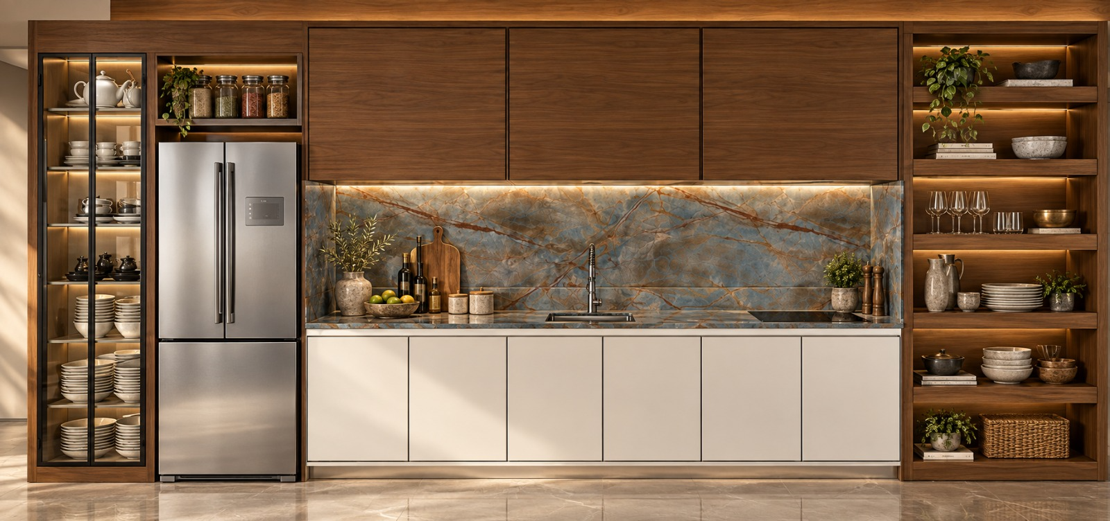 Cozinha planejada em madeira escura, comparada entre o modelo BIM e o render final